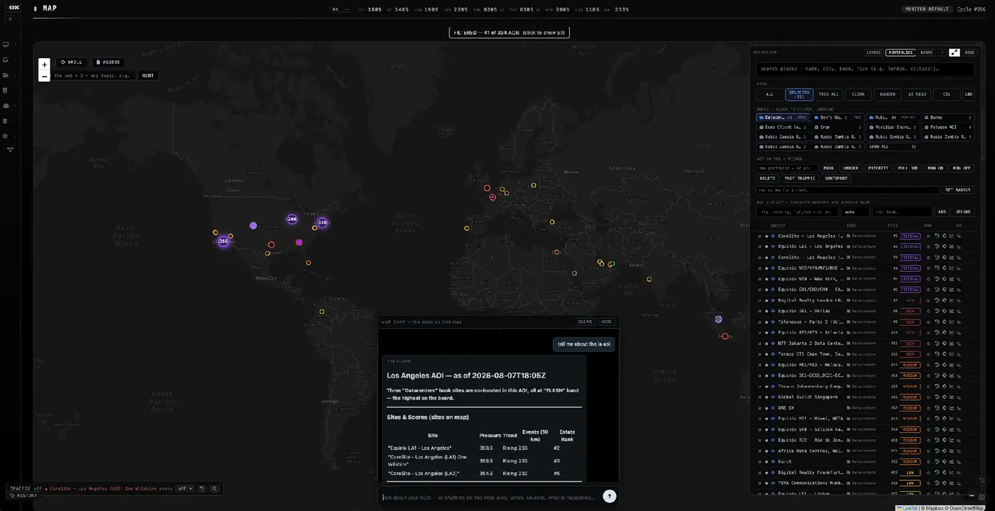The chat-to-map answer for the Los Angeles area of interest, with the 41-site portfolio ranked beside the map