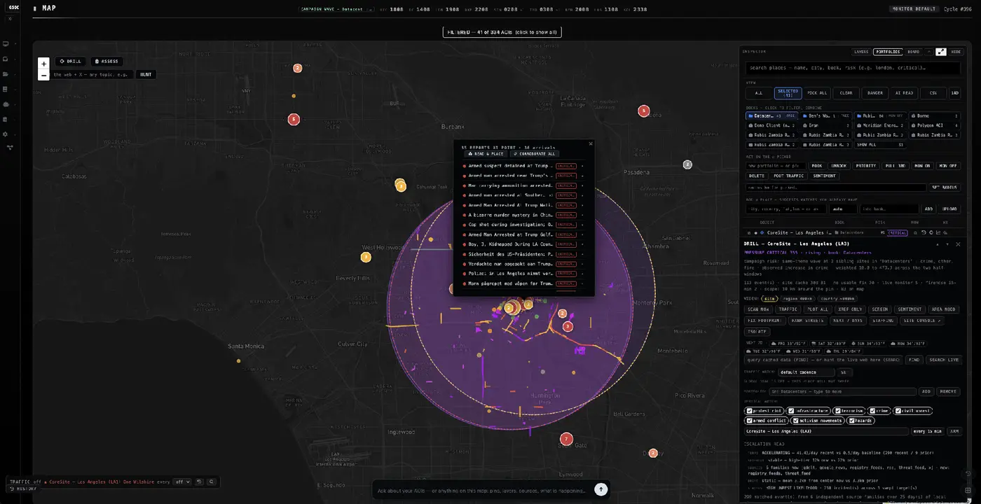 The drill-down panel: reports at one point with severity, sources, the escalation read and the outlook