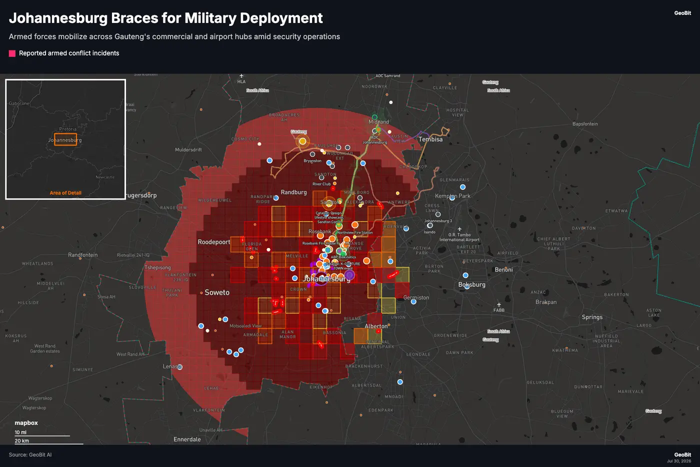 An automatically generated area briefing map for Johannesburg with severity zones and verified incidents