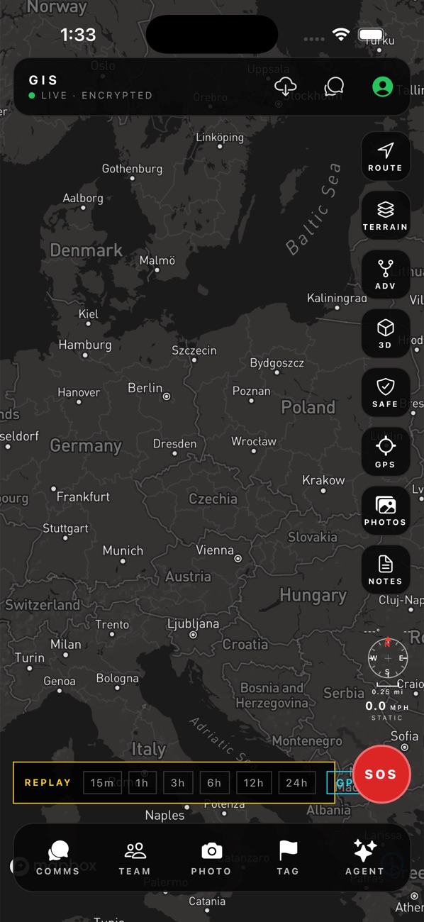 GeoBit Mobile on iPhone: live encrypted session with Route, Terrain, ADV, 3D, Safe, GPS, Photos and Notes tools, GPS replay bar, SOS, and the Comms, Team, Photo, Tag and Agent dock