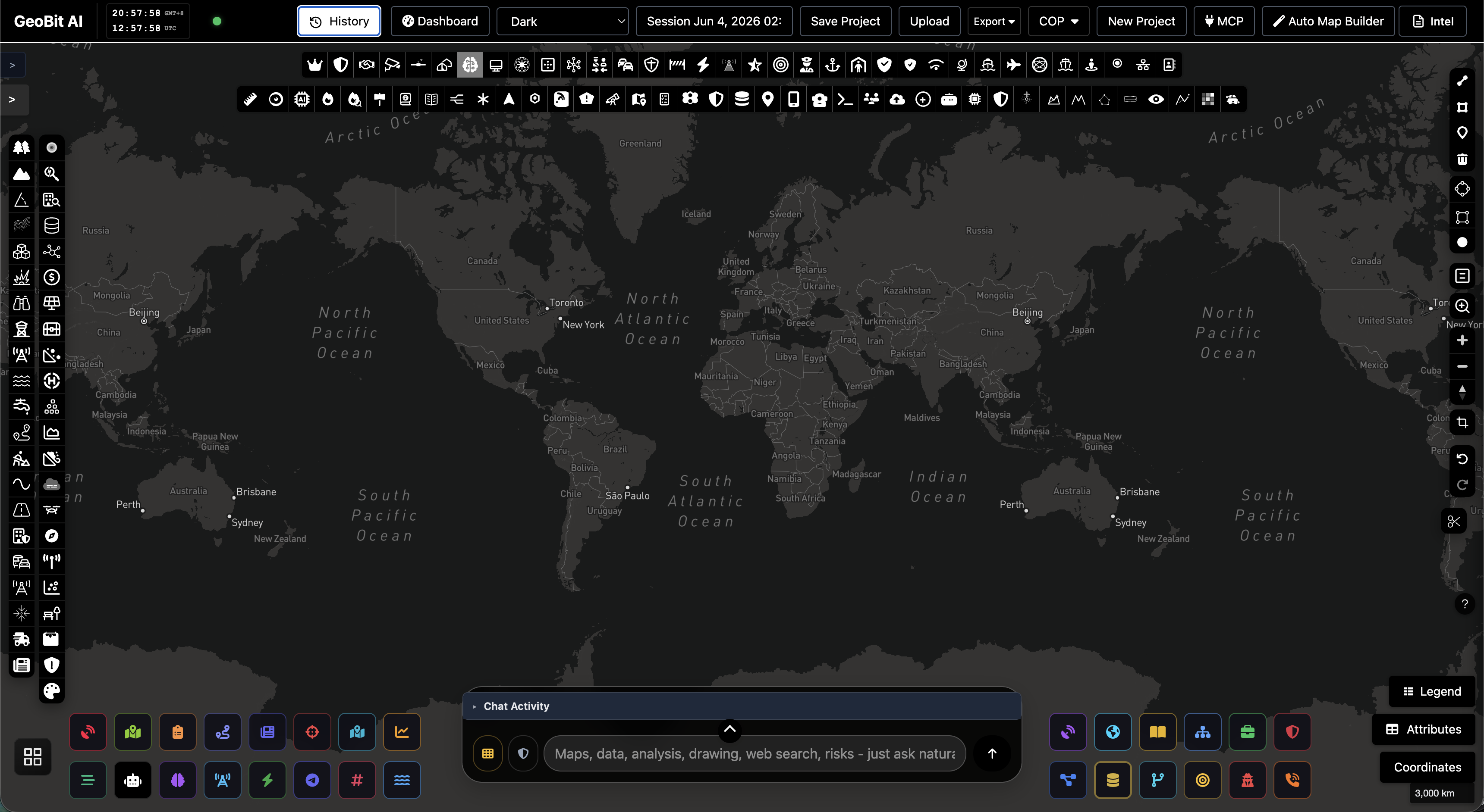 GeoBit AI — Large Language Mapping System: the chat-to-map intelligence interface, a live world map with 350+ geospatial analysis tools