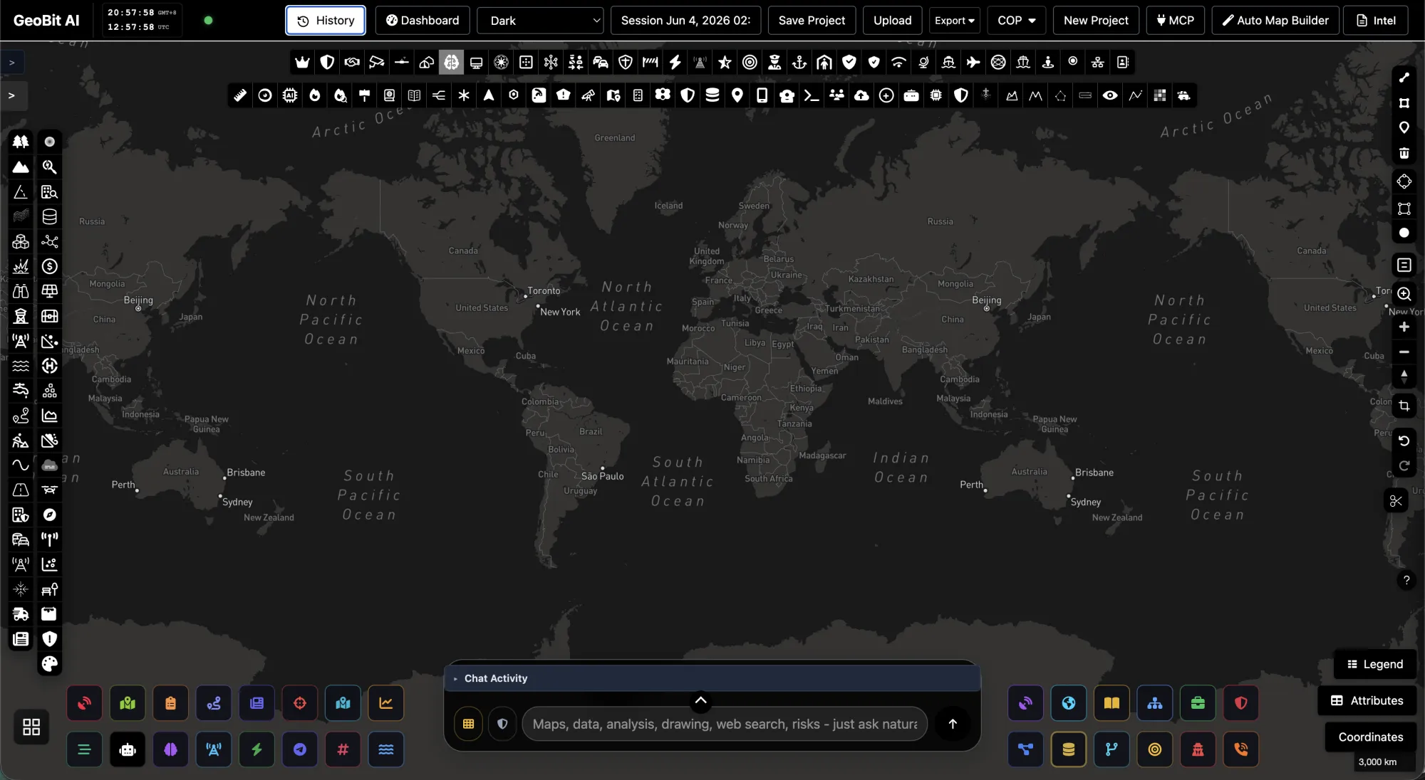 GeoBit AI — Large Language Mapping System: the chat-to-map intelligence interface, a live world map with 350+ geospatial analysis tools